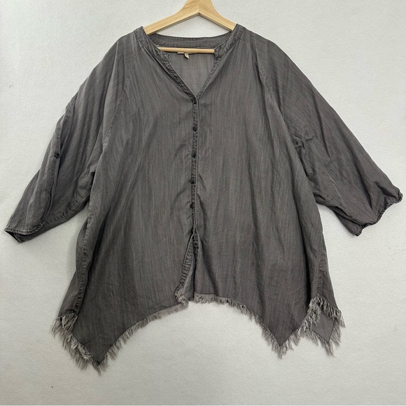 Hester Orchard Shirt Womens 2X Gray Tencel Chambray Asymmetrical Raw Hem Frayed - Picture 1 of 10